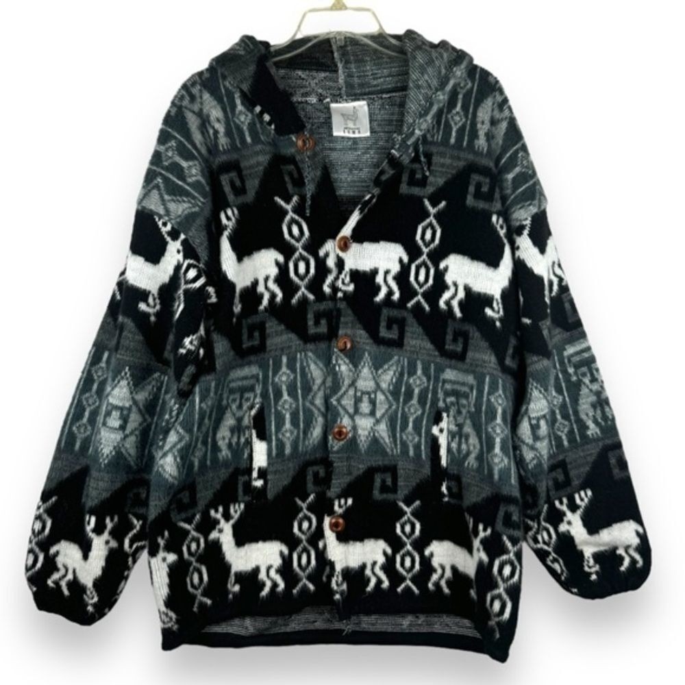 100% Wool Cardigan Sweater‎ Size Large Hooded Aztec Moose Chunky Handcrafted